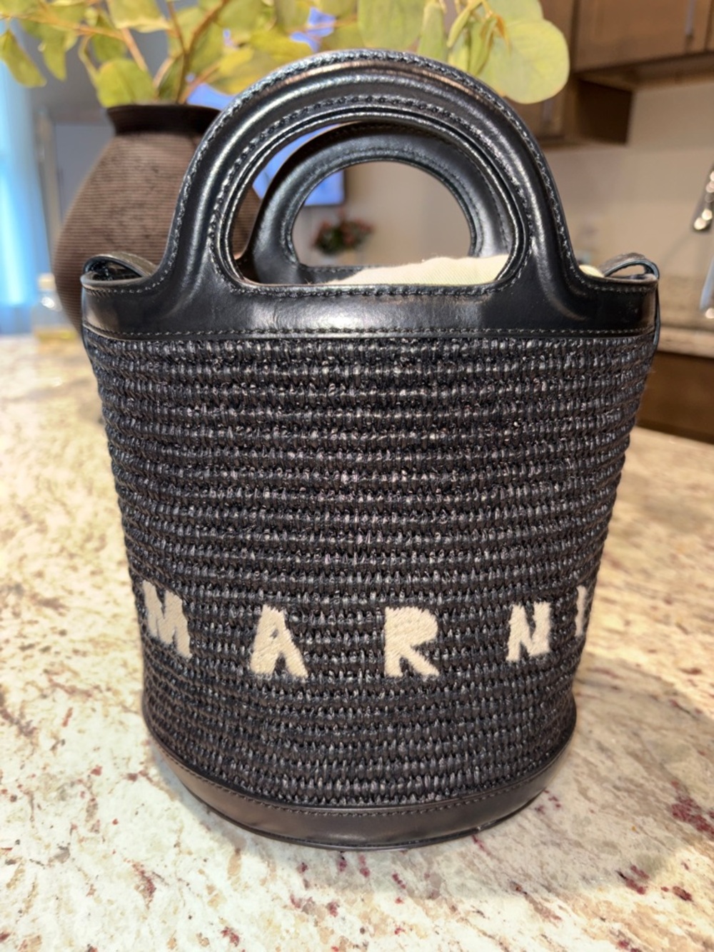 Marni Black Woven Logo Bucket Bag with Cream Letters- 100% authentic!!!
